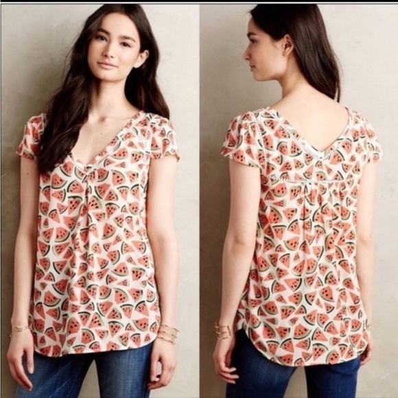 Anthropologie Maeve Women’s Picnic Days Watermelon Blouse Top Size 6 Cap Sleeve - Picture 9 of 9